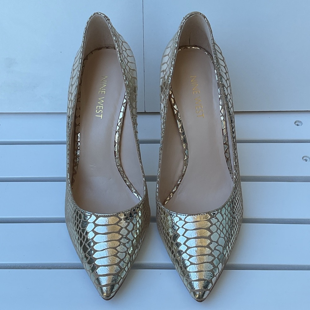 Nine West Tatiana Metallic Gold Snake-Embossed Pointed Heels - Picture 9 of 9